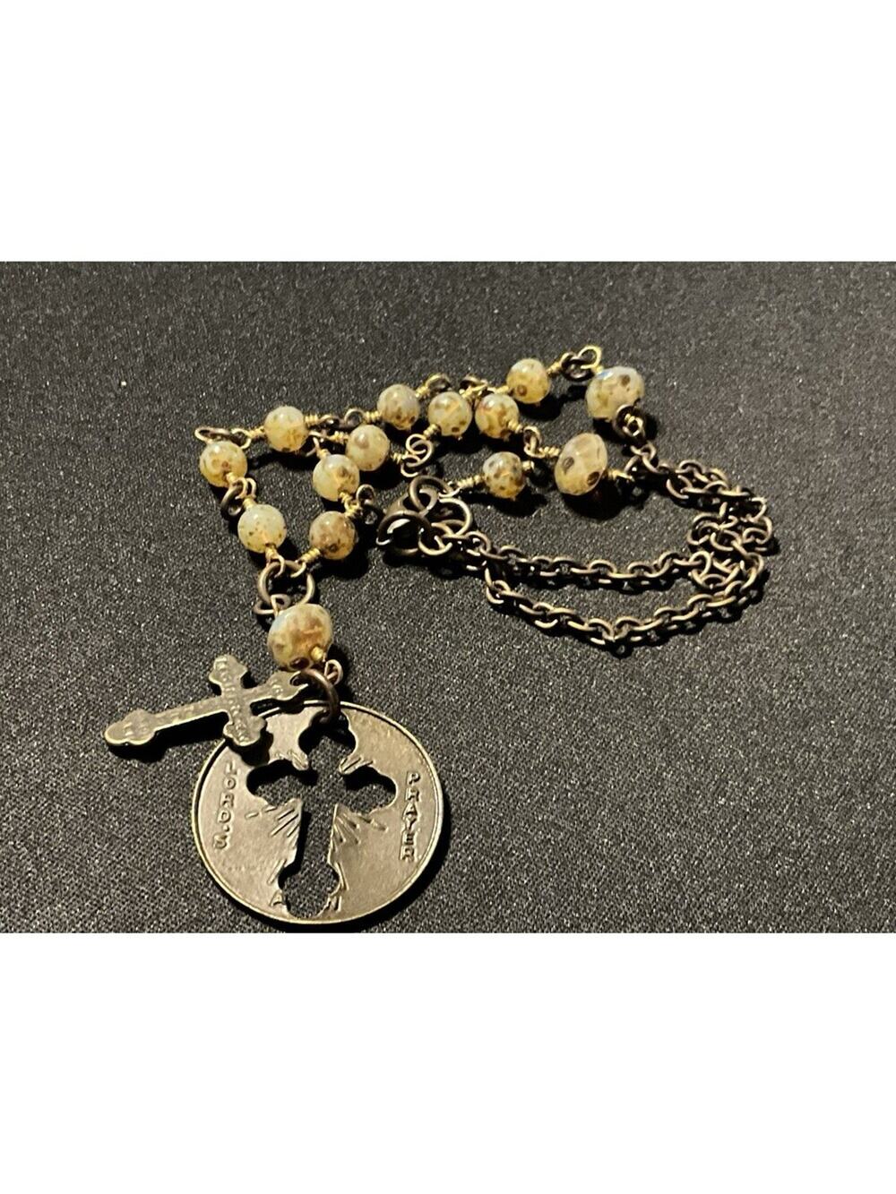 Lord’s Prayer Cut Out Cross, Glass Beads 18in Necklace